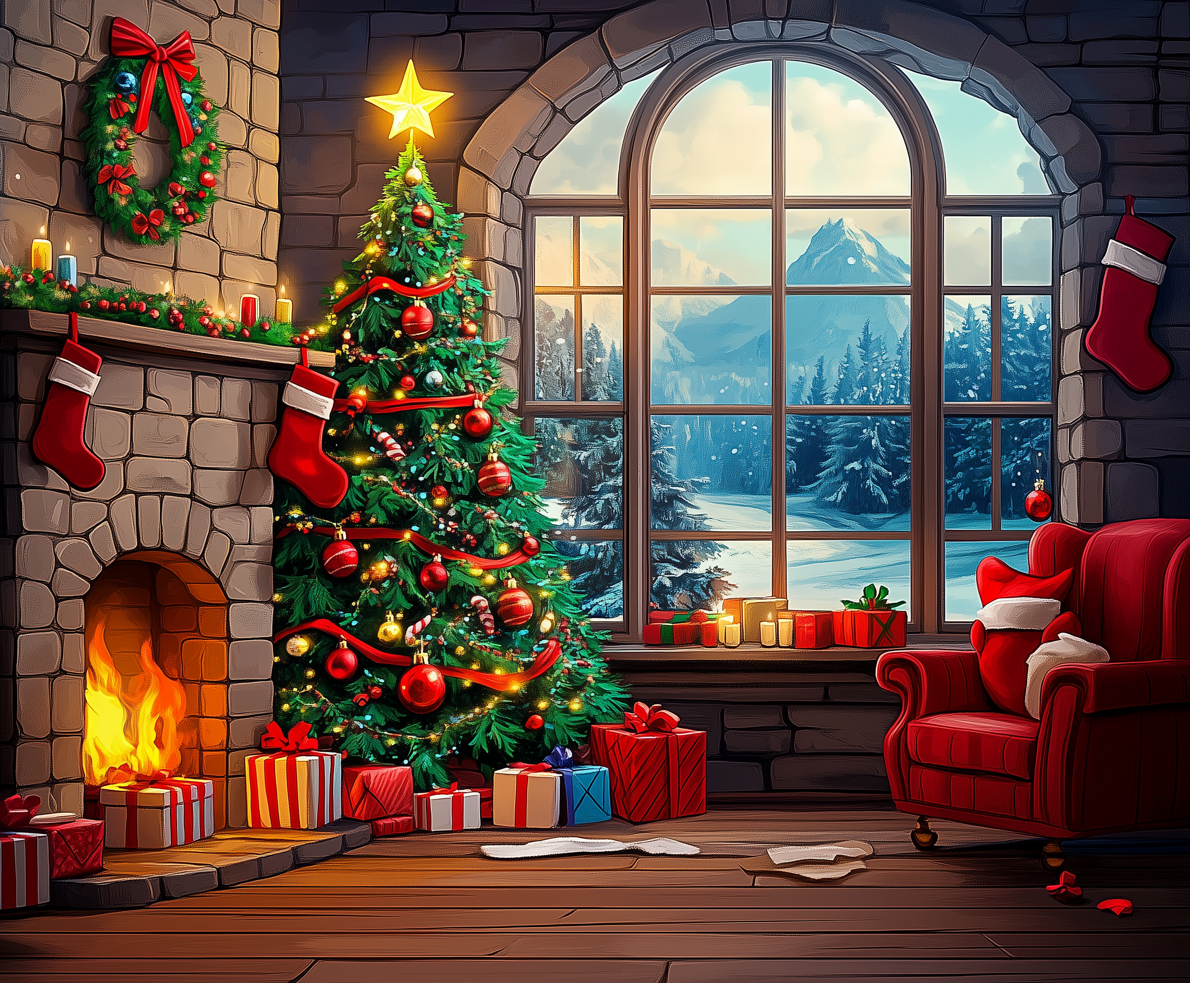 A paint by numbers kit depicting a cozy Christmas Eve scene with a decorated tree, fireplace, and a snowy landscape outside.