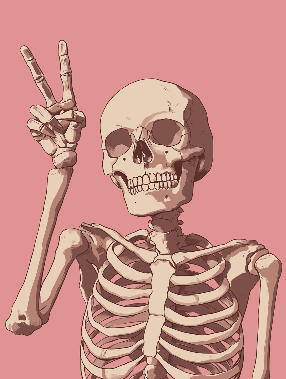 A paint by numbers kit image featuring a skeleton making a peace sign gesture against a pink background.