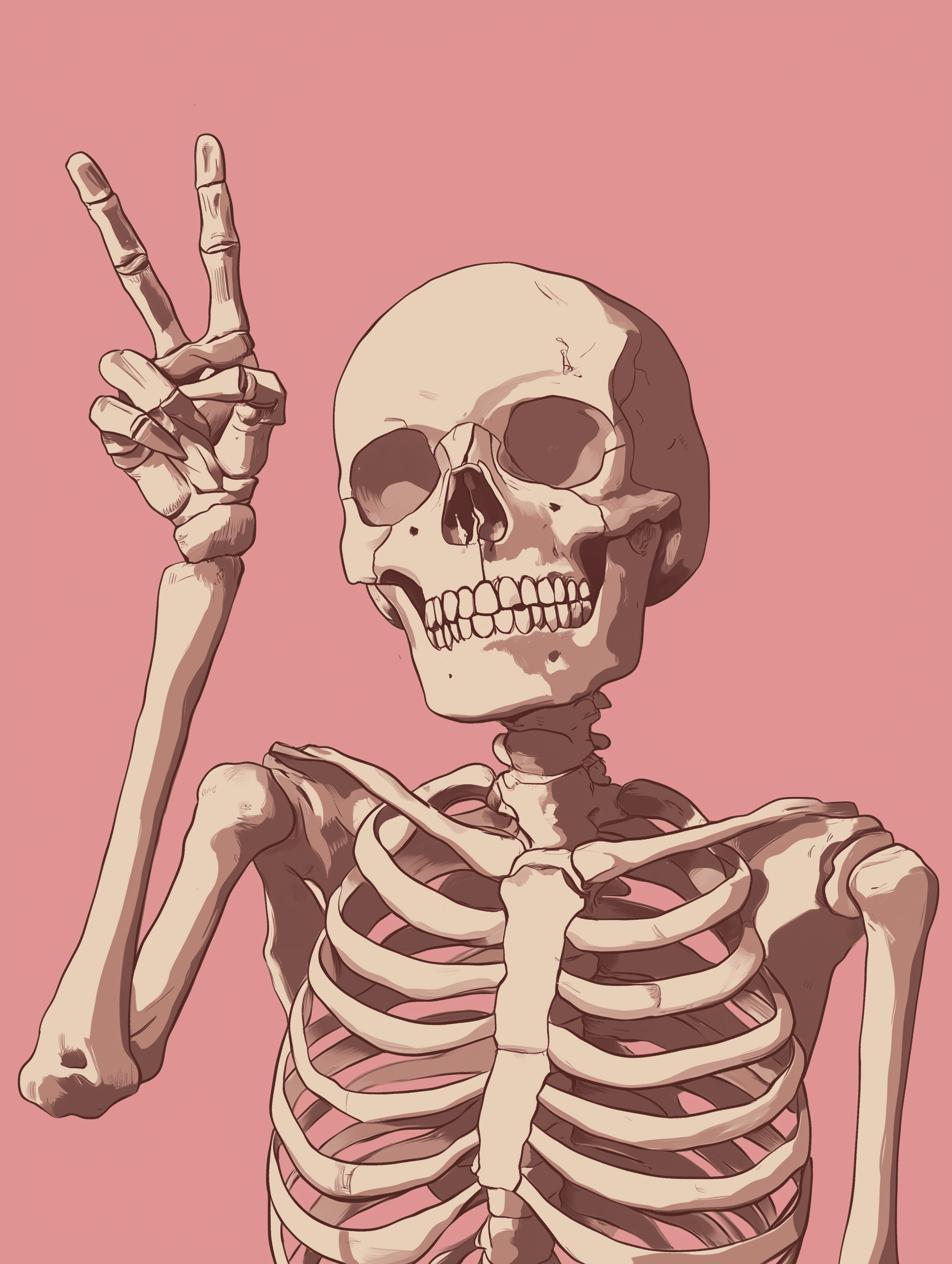 A paint by numbers kit image featuring a skeleton making a peace sign gesture against a pink background.