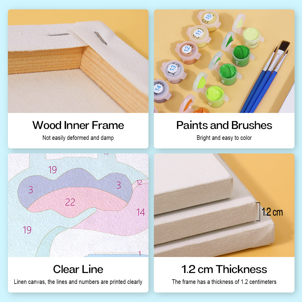 Collage of art supplies including a wood inner frame, paints and brushes, linen canvas with printed lines and numbers, and measurements.