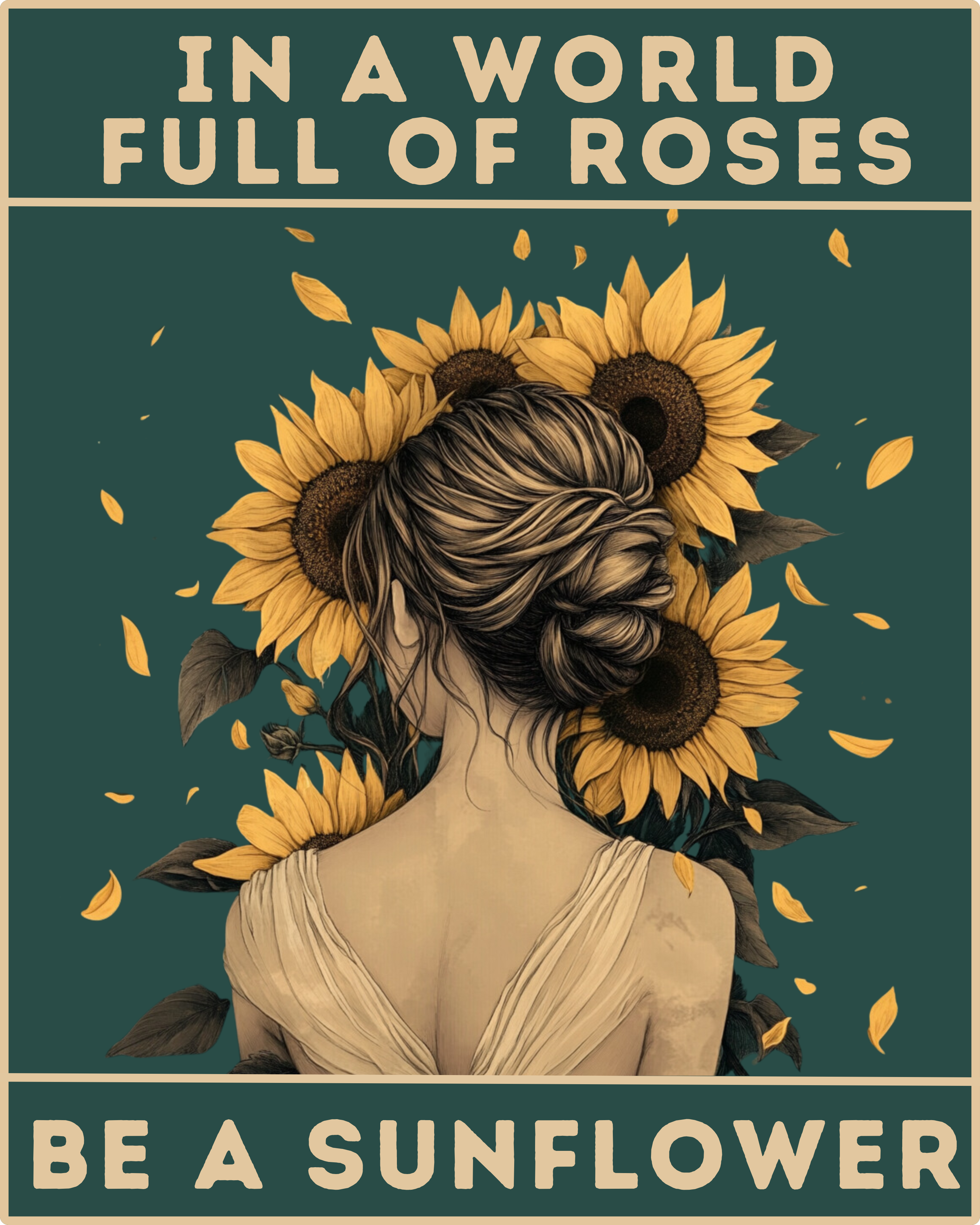 A paint-by-numbers kit image featuring a woman with sunflowers and the text 'IN A WORLD FULL OF ROSES BE A SUNFLOWER' on a dark background.