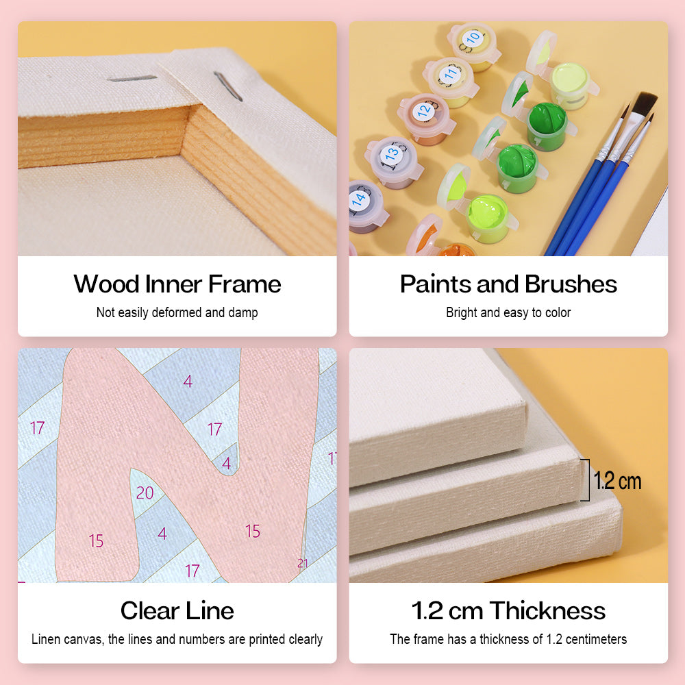 Collage of art supplies including a wood inner frame, paints and brushes, clear line on linen canvas, and frame thickness measurement.