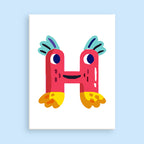 Colorful letter 'H' with a face on a light blue background