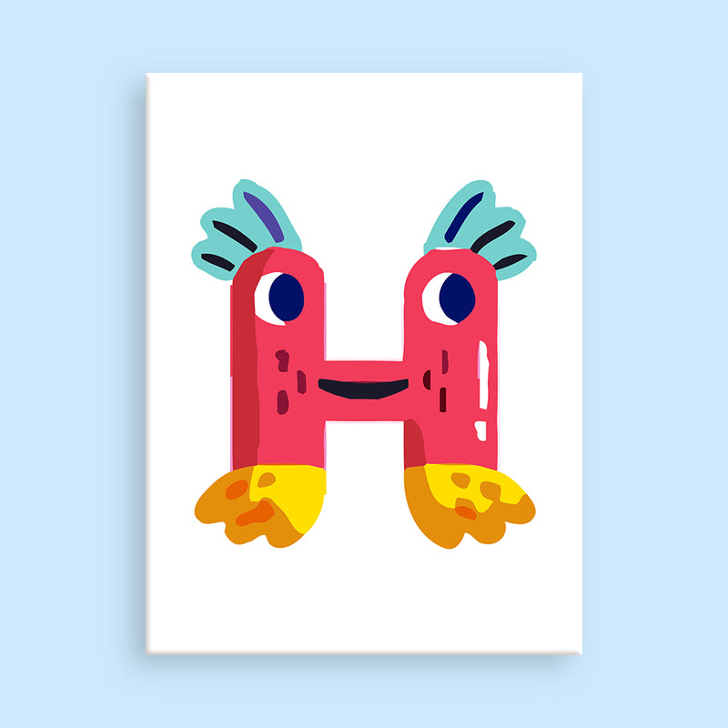 Colorful letter 'H' with a face on a light blue background