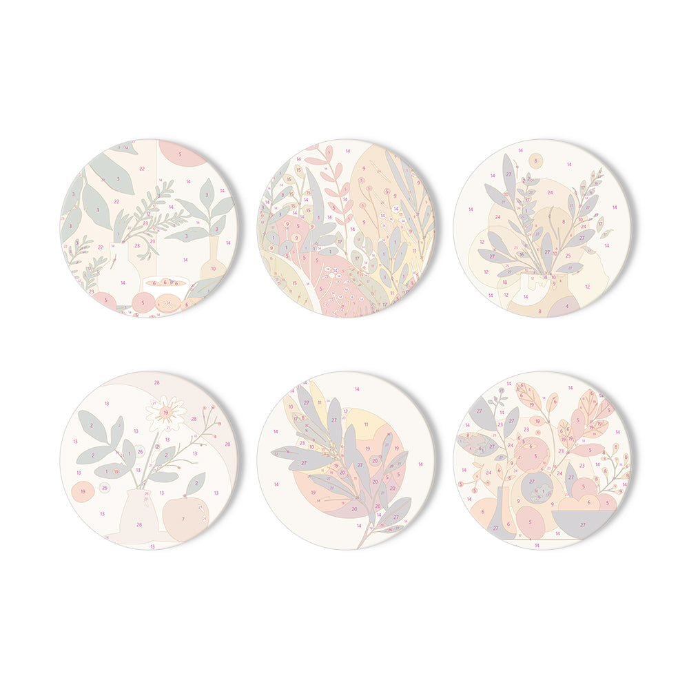 Conjunto de posavasos Earthy Elegance inspirados en famosas pinturas abstractas con ricas texturas y diseño.