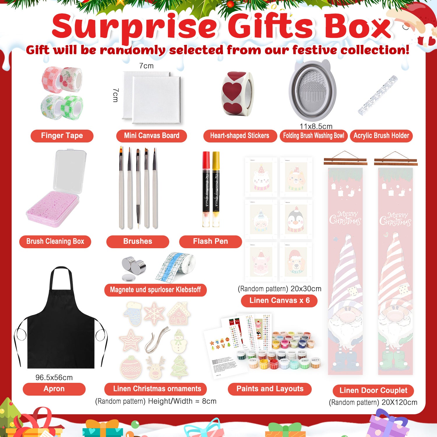 Surprise Gifts Box with various art supplies and festive items on a red background.