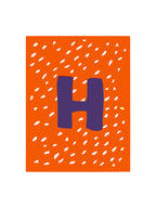 Orange background with white speckles and a purple 'H' on a white background