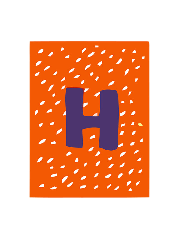 Orange background with white speckles and a purple 'H' on a white background