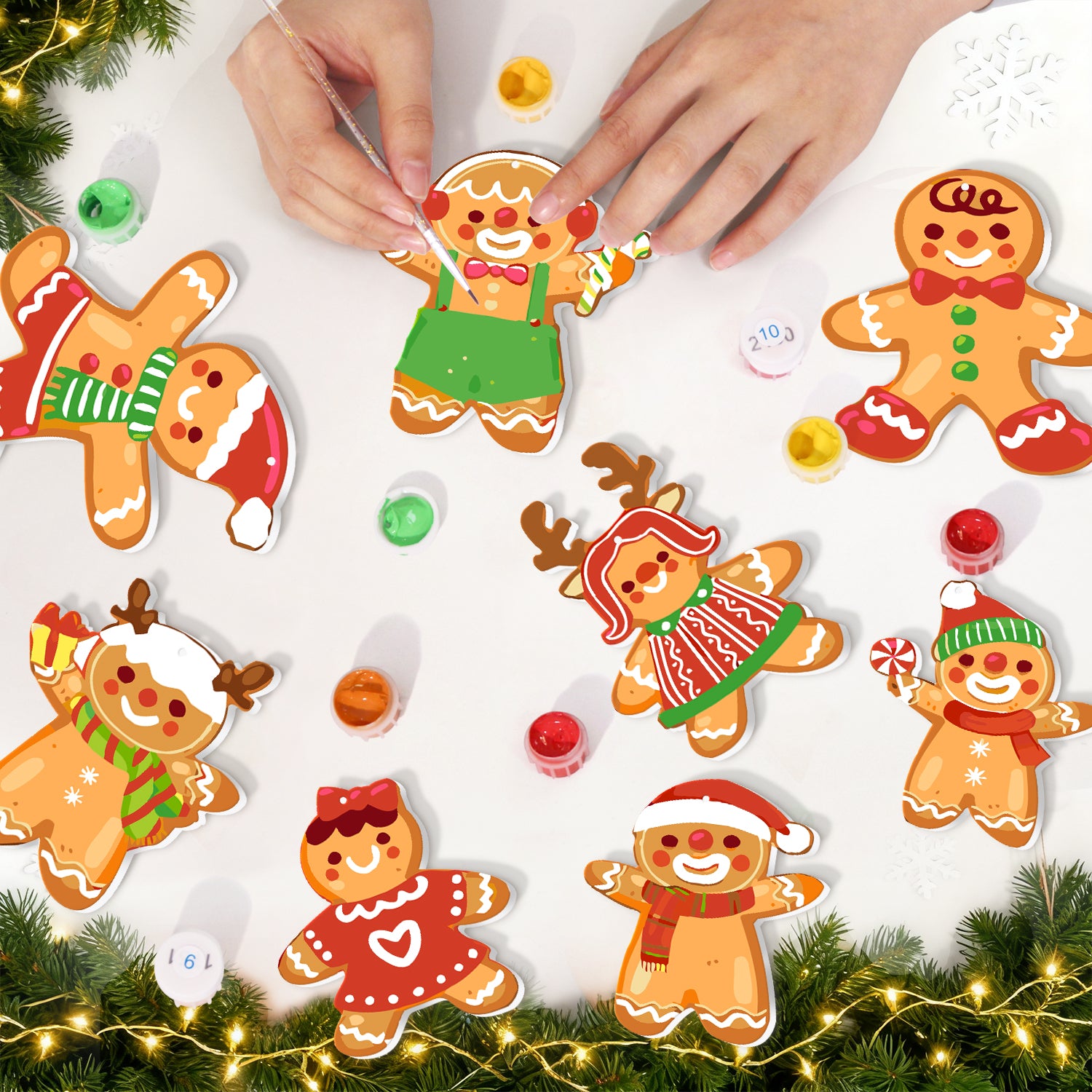 Gingerbread cookie decorations with hands interacting on a festive background