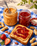 Peanut butter and jam toast beside jars, strawberries and peanuts on a checked cloth.