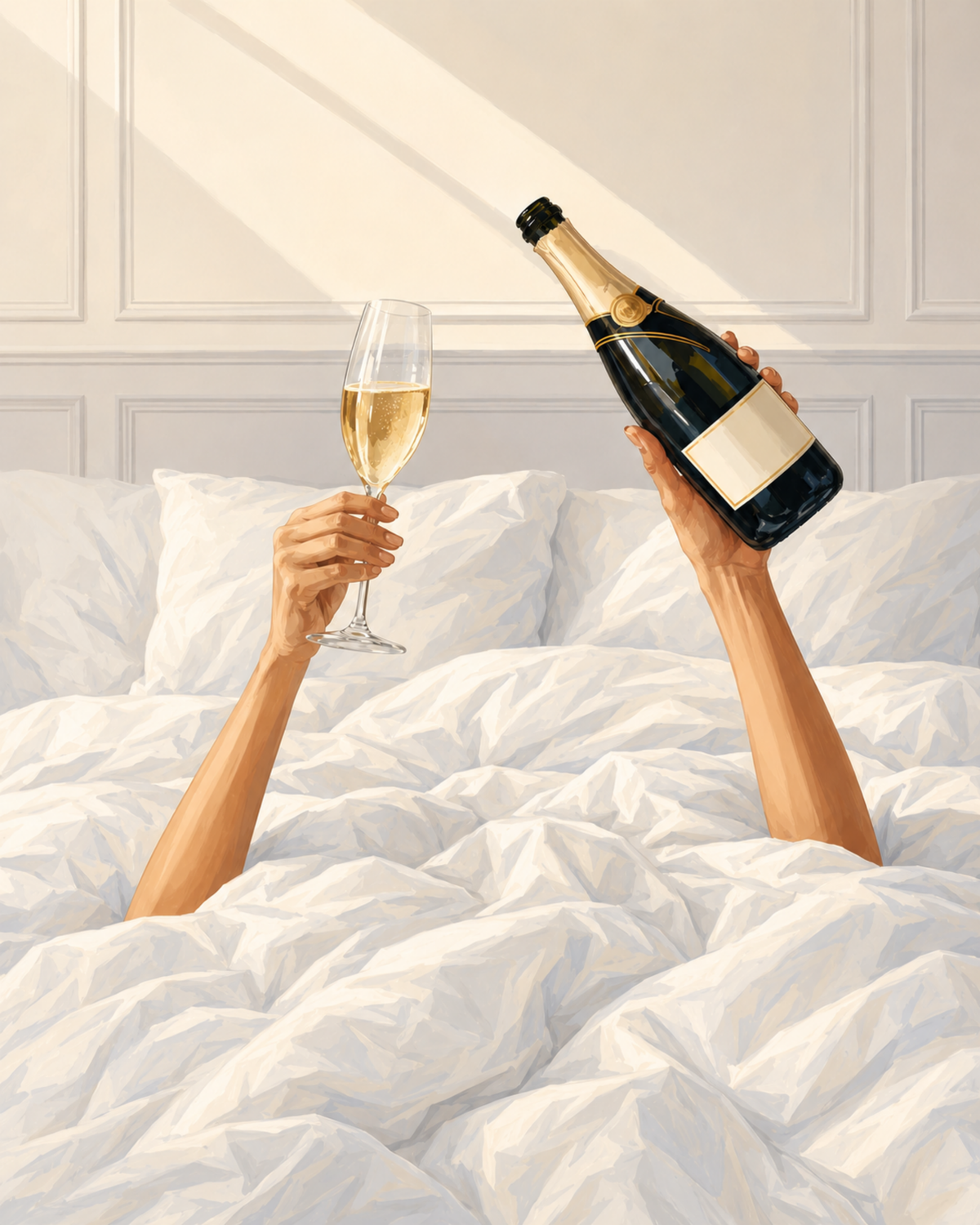 Two hands holding a champagne bottle and flute above rumpled white bedding.
