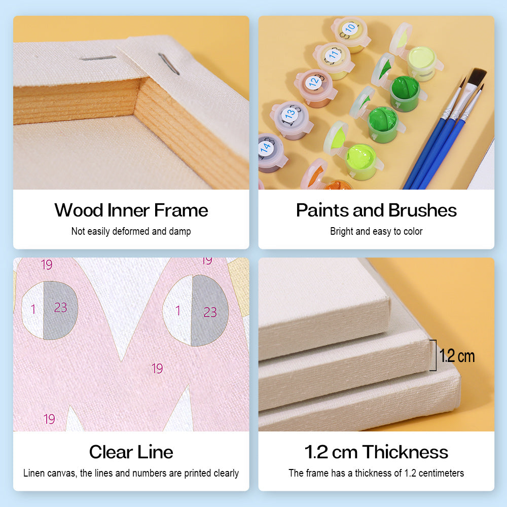 Collage of wood inner frame, paints and brushes, clear line, and thickness measurement on a yellow background.