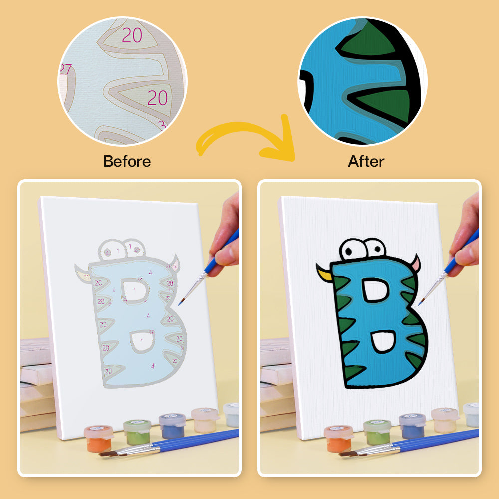 Before and after transformation of a letter 'B' drawing with added details on a beige background.