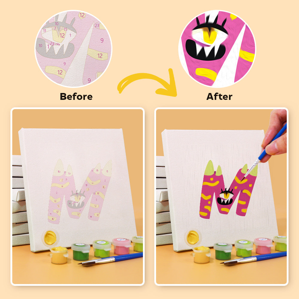 Before and after comparison of a letter 'M' design being painted on a canvas.