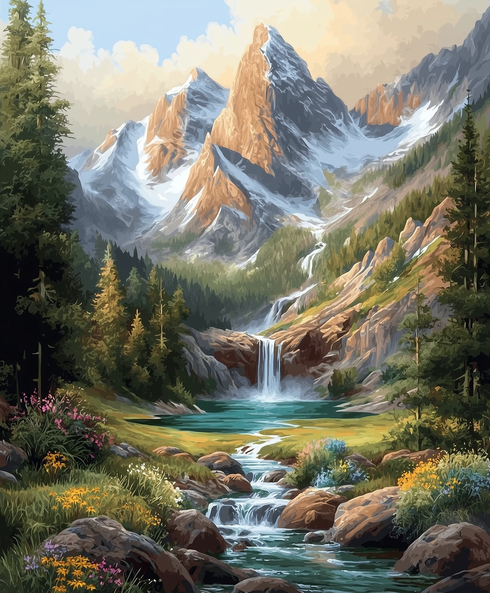 Majestic mountain landscape paint by numbers kit with snowy peaks