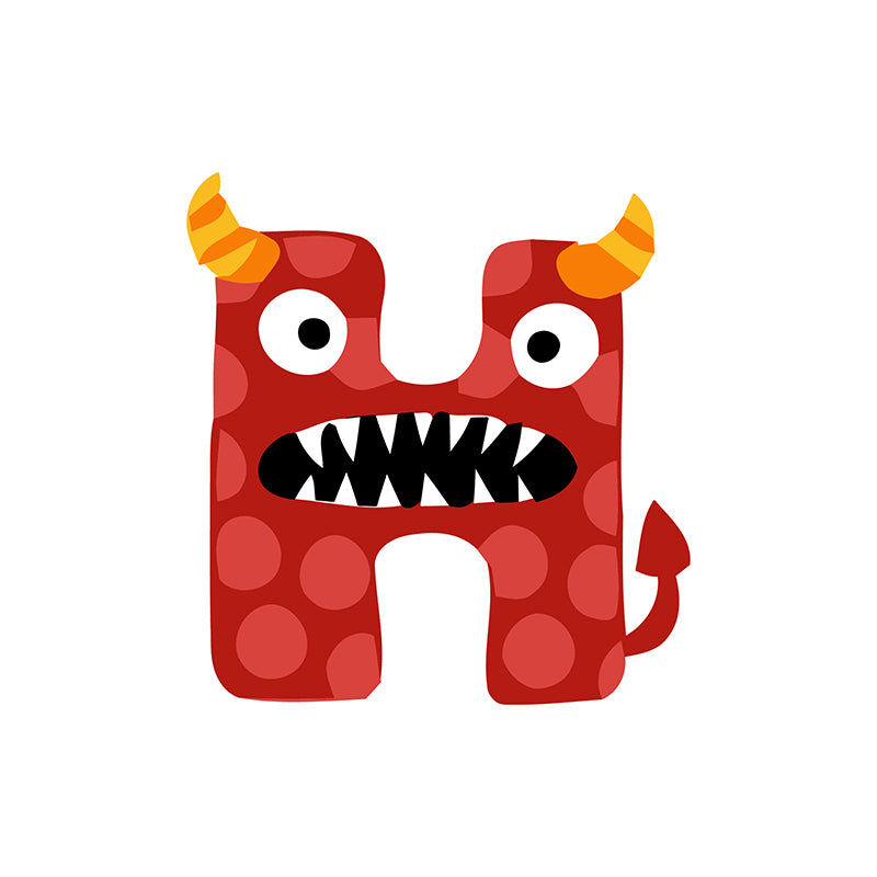 Red cartoon monster with horns and a wide grin on a white background