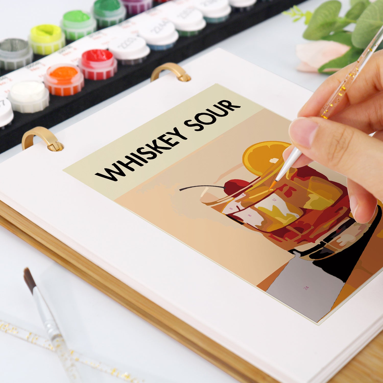 Calendar artwork paint by numbers kit with colorful drinks illustrations.
