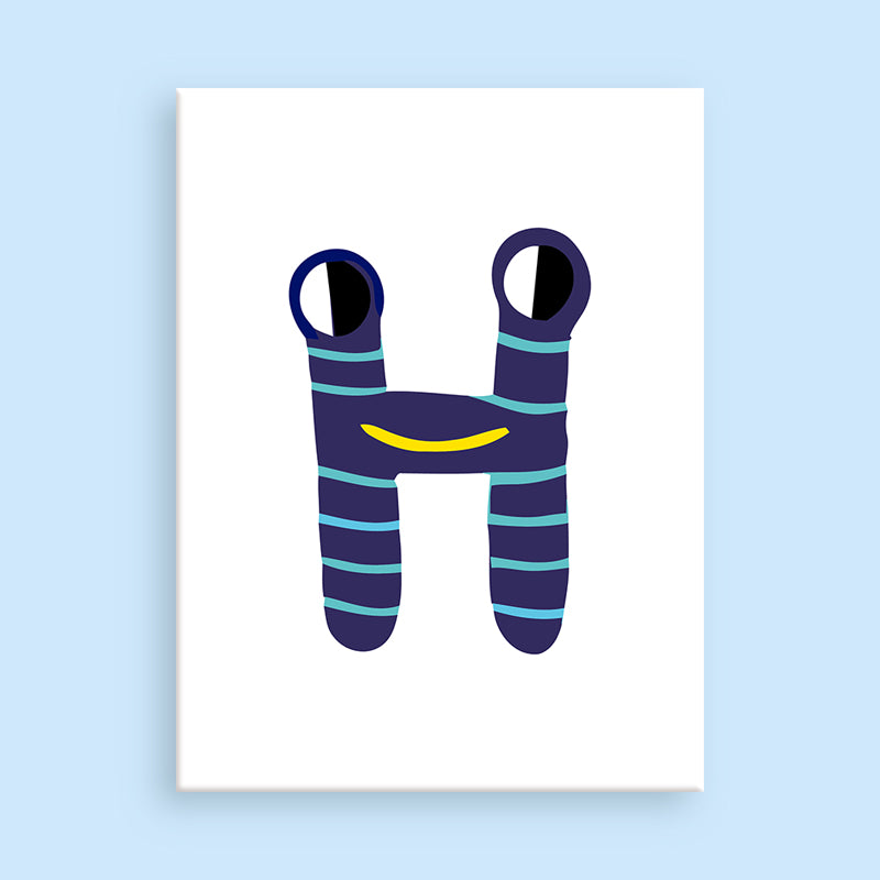 Letter 'H' with blue and purple stripes on a white background