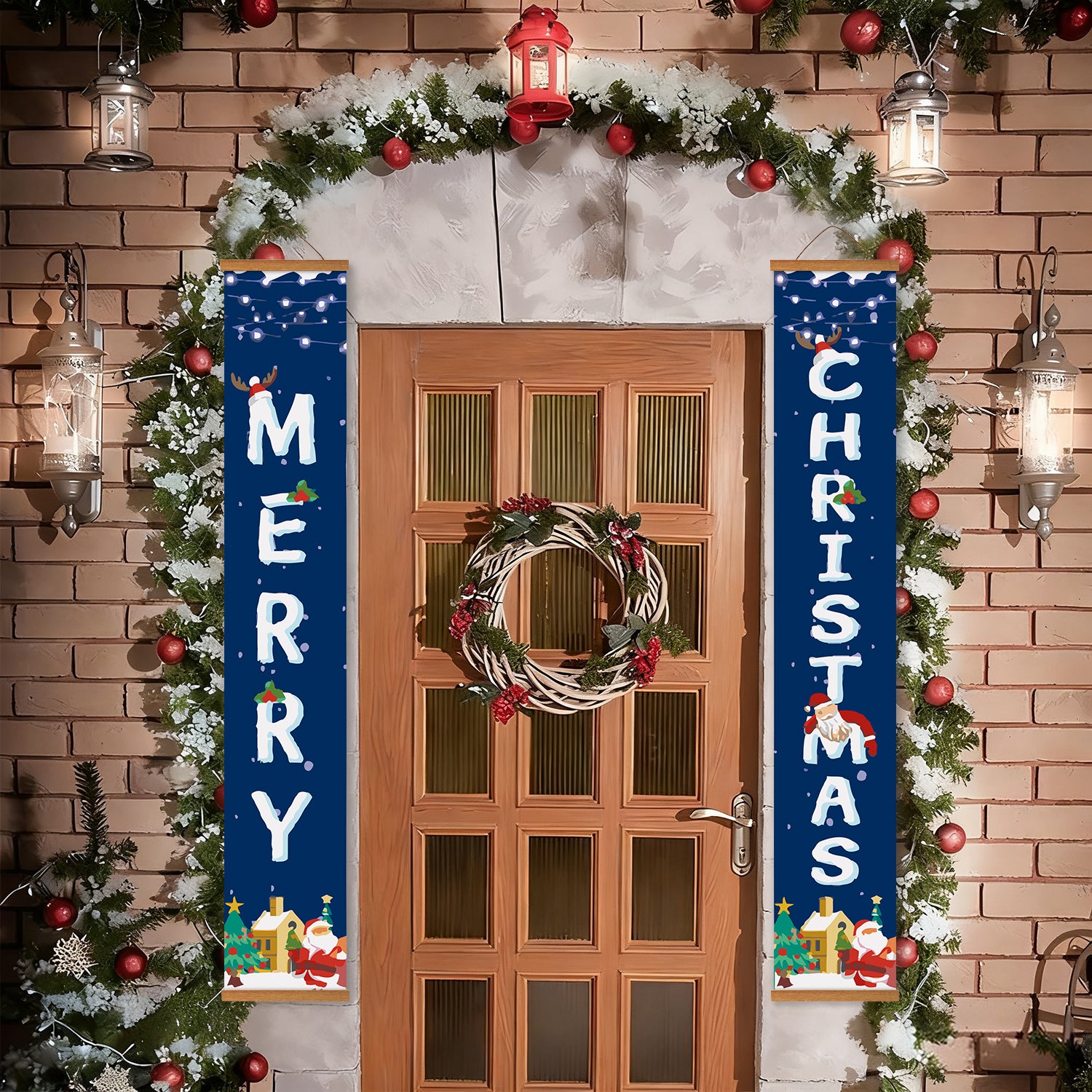 Porte de Noël décorative avec bannières « Joyeux Noël » et couronne festive.
