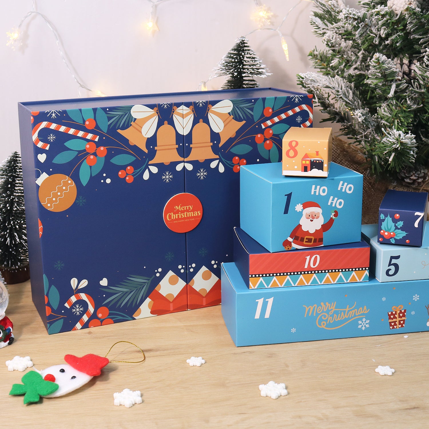 Decorative advent calendar with festive design on a wooden surface.