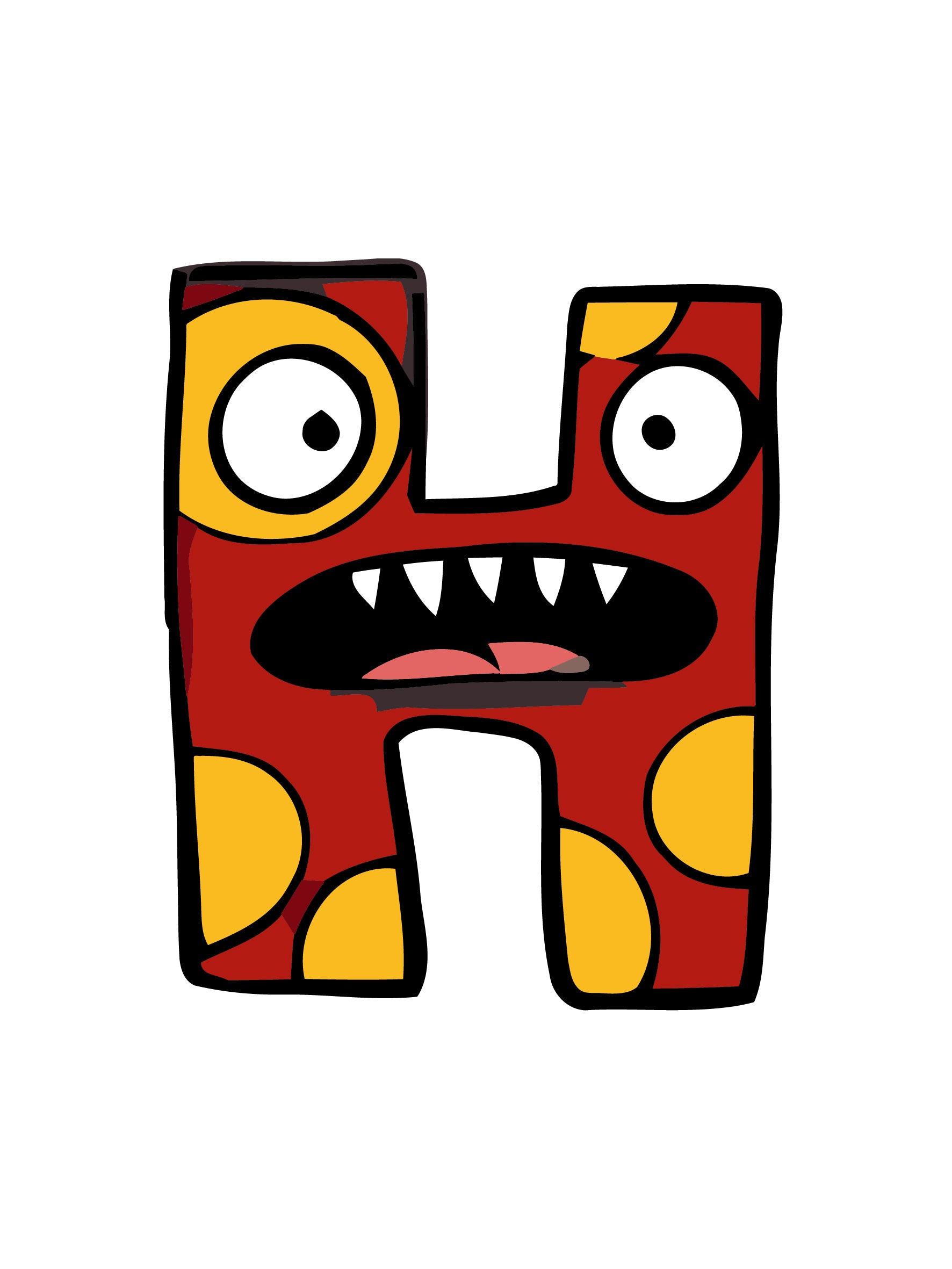 Cartoonish letter 'H' with a monster face on a white background