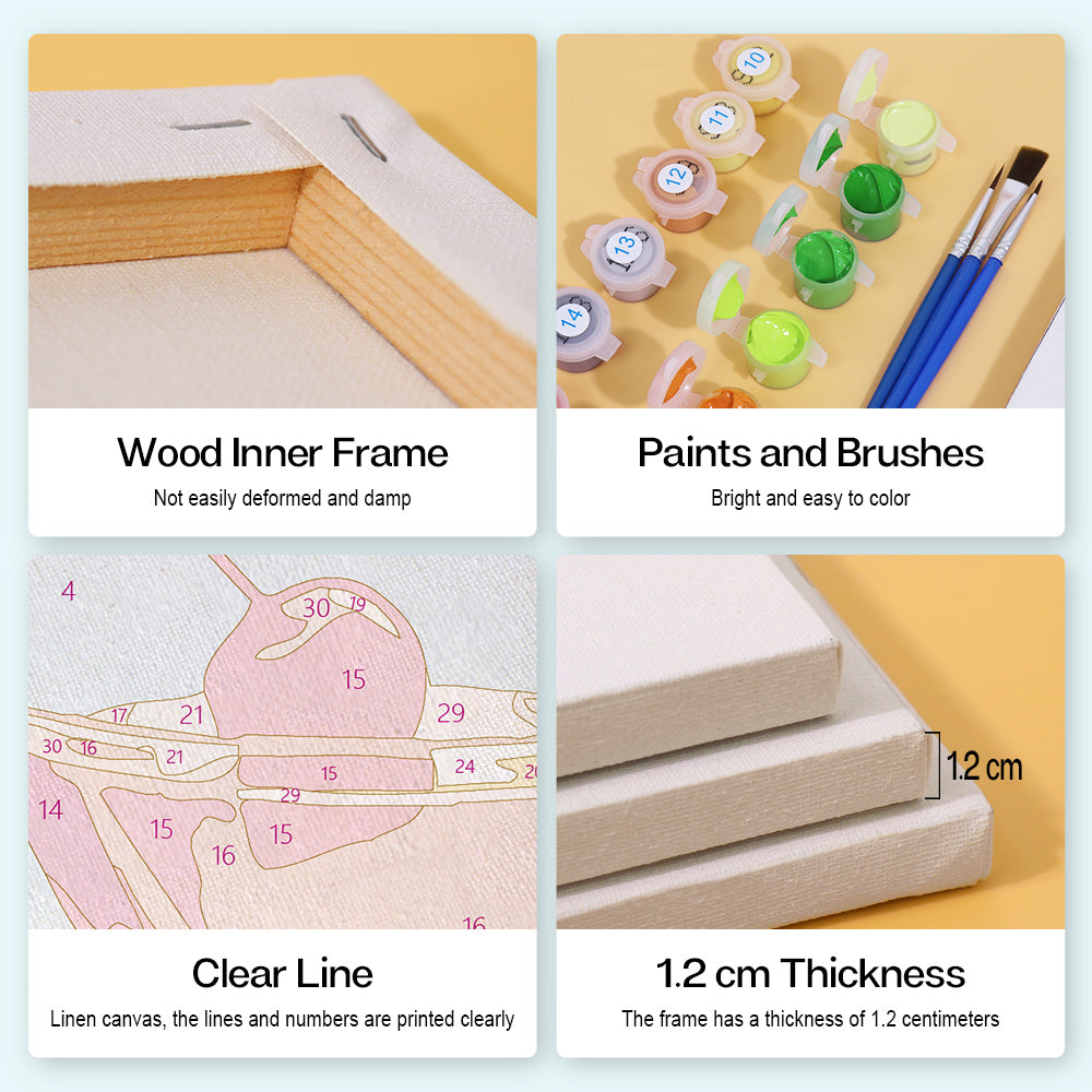 kit including wood inner frame, paints and brushes, canvas with clear lines, and 1.2 cm thick frame.