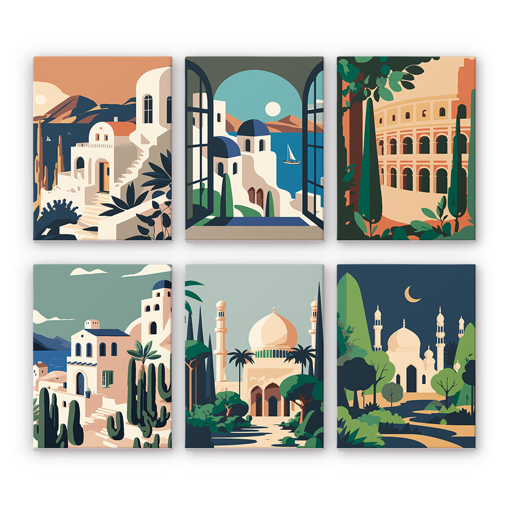 A set of six paint-by-numbers kits depicting various destinations around the world, including what appears to be Mediterranean-inspired scenes and architectural landmarks.