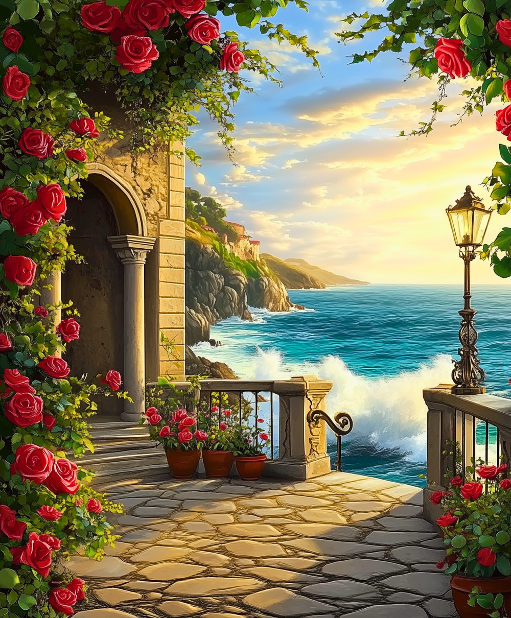 A paint-by-numbers kit depicting a scenic view with red roses, stone archways, and a coastal background.