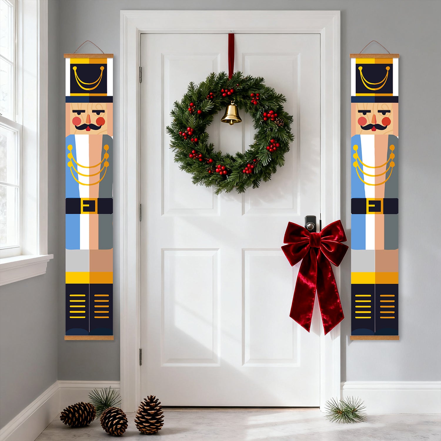 Decorative Christmas wreath with a red bow on a white door, flanked by two nutcracker panels.