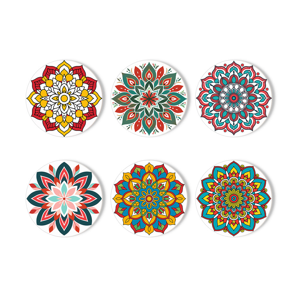 Finished Mandala Magic Coasters artwork paying tribute to frida kahlo famous paintings with bold colors.