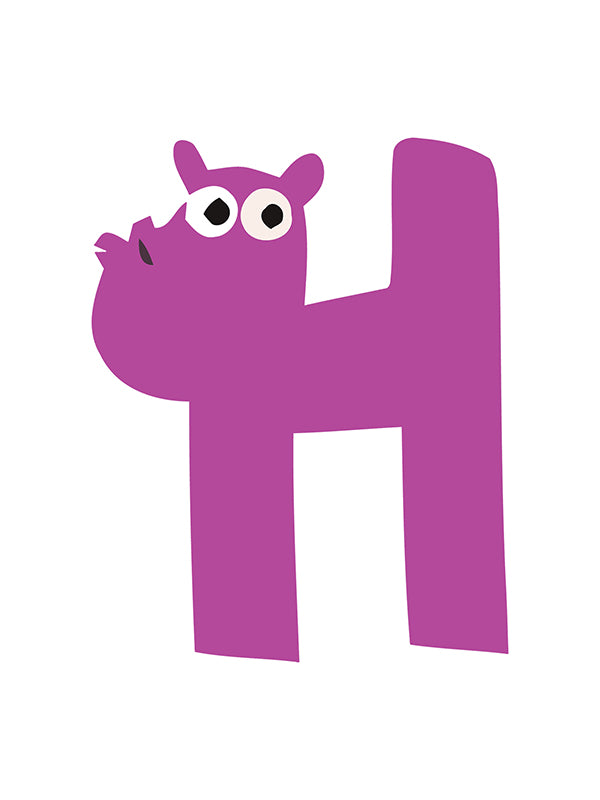 Purple letter 'H' with a cartoon face on a white background