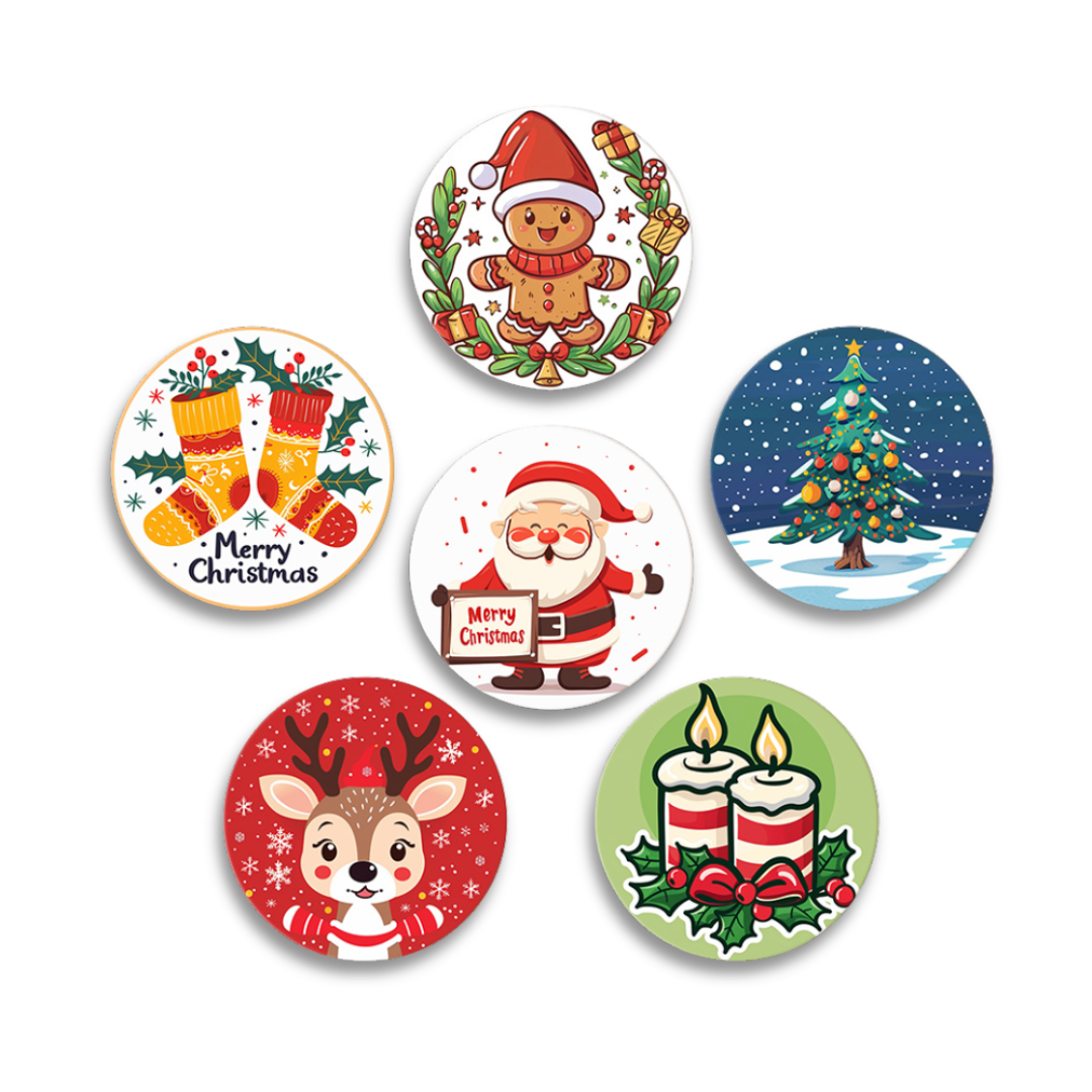 Ein Set aus sechs runden Malen-nach-Zahlen-Untersetzern mit verschiedenen weihnachtlichen Motiven, darunter Weihnachtsmann, Rentier und Weihnachtsbäume.