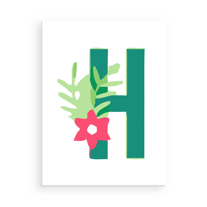 Letter 'H' with green leaves and a pink flower on a white background