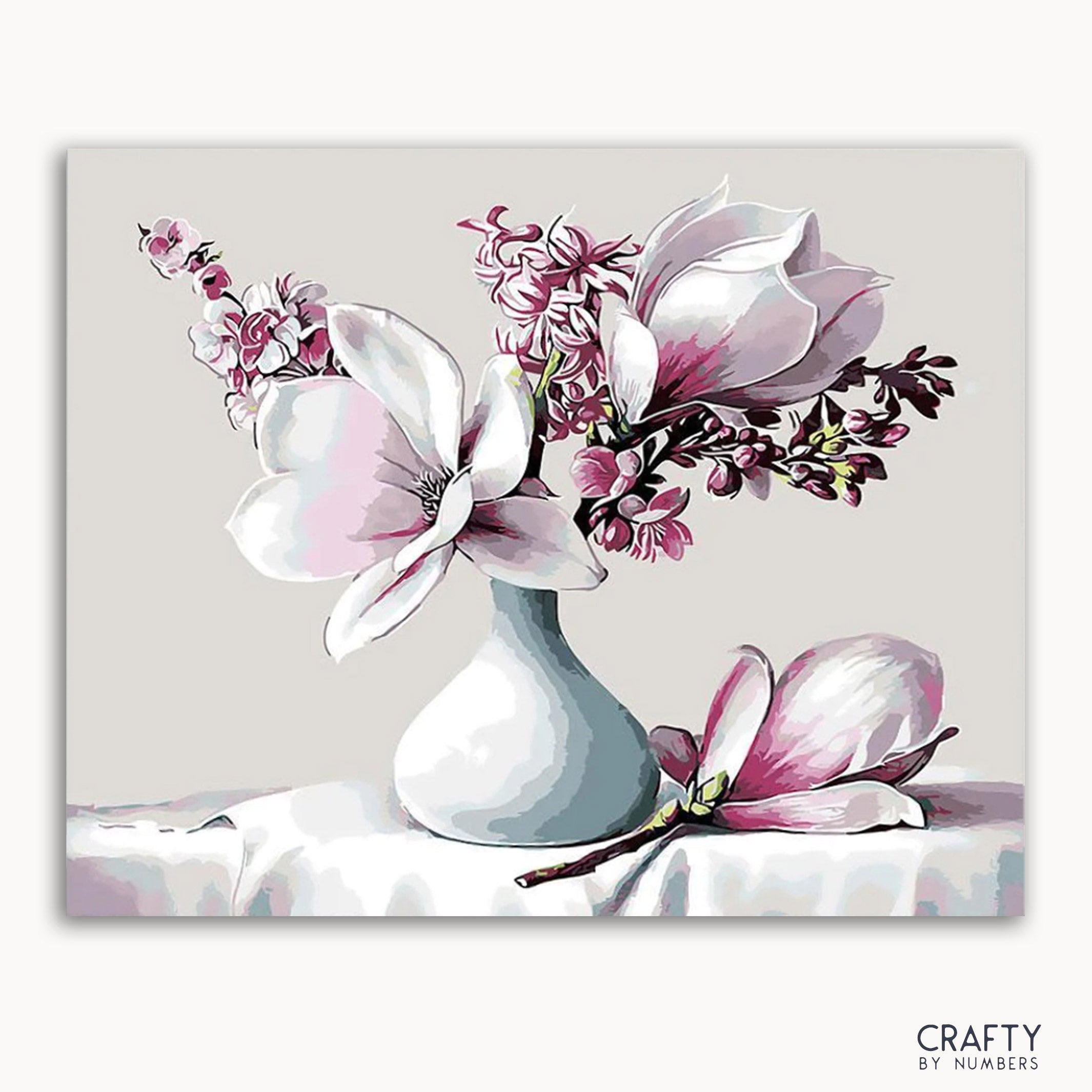 A paint-by-numbers kit image featuring a floral still-life scene with magnolia flowers in a vase on a table.