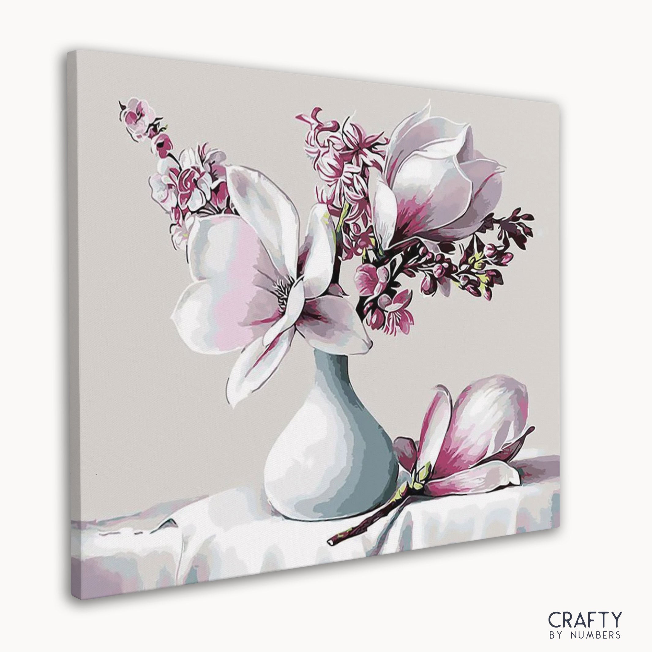 Detailed magnolia flowers in a paint by number style with textures reminiscent of most famous paintings and famous landscape paintings by renowned artists.