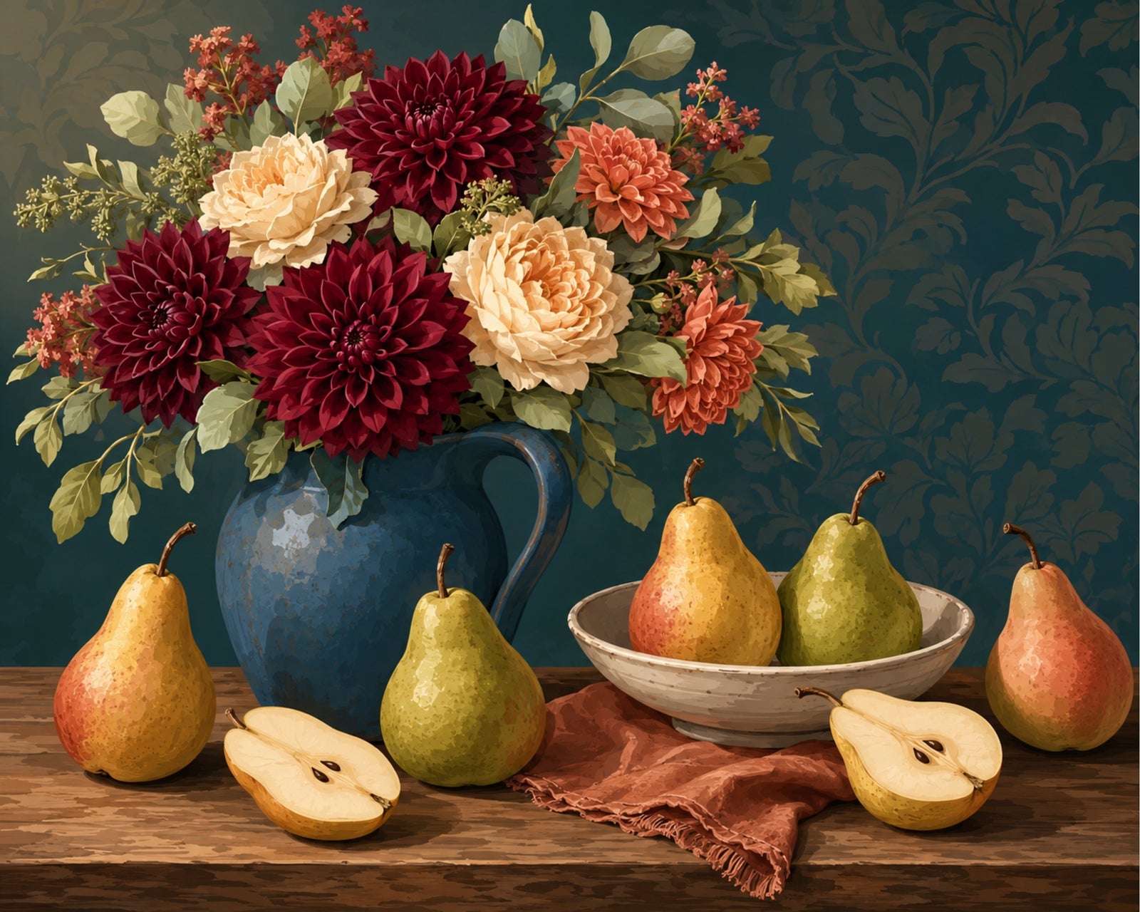 Dahlias et poires