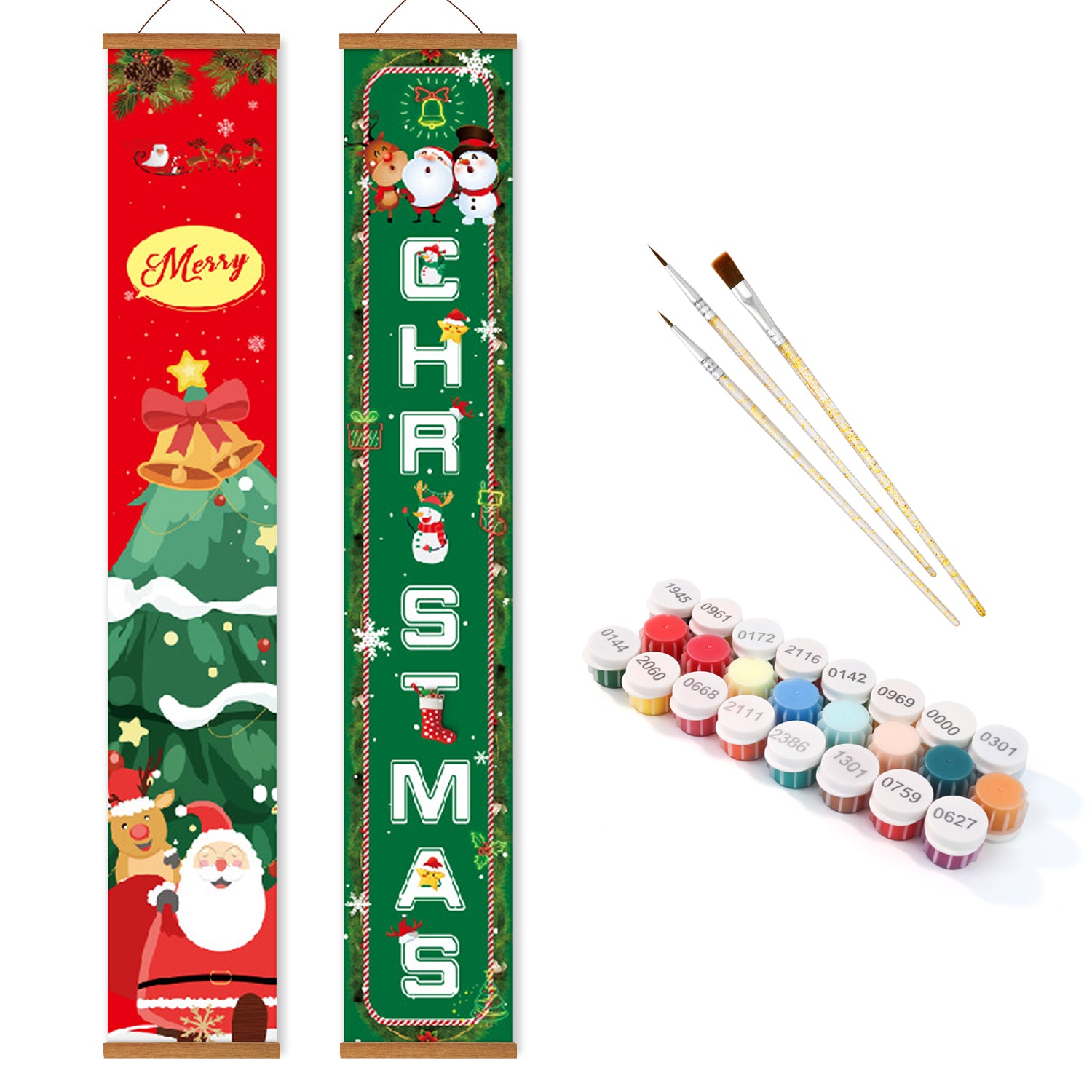 Zwei vertikale Banner mit Weihnachtsmotiv und Farbzubehör auf weißem Hintergrund