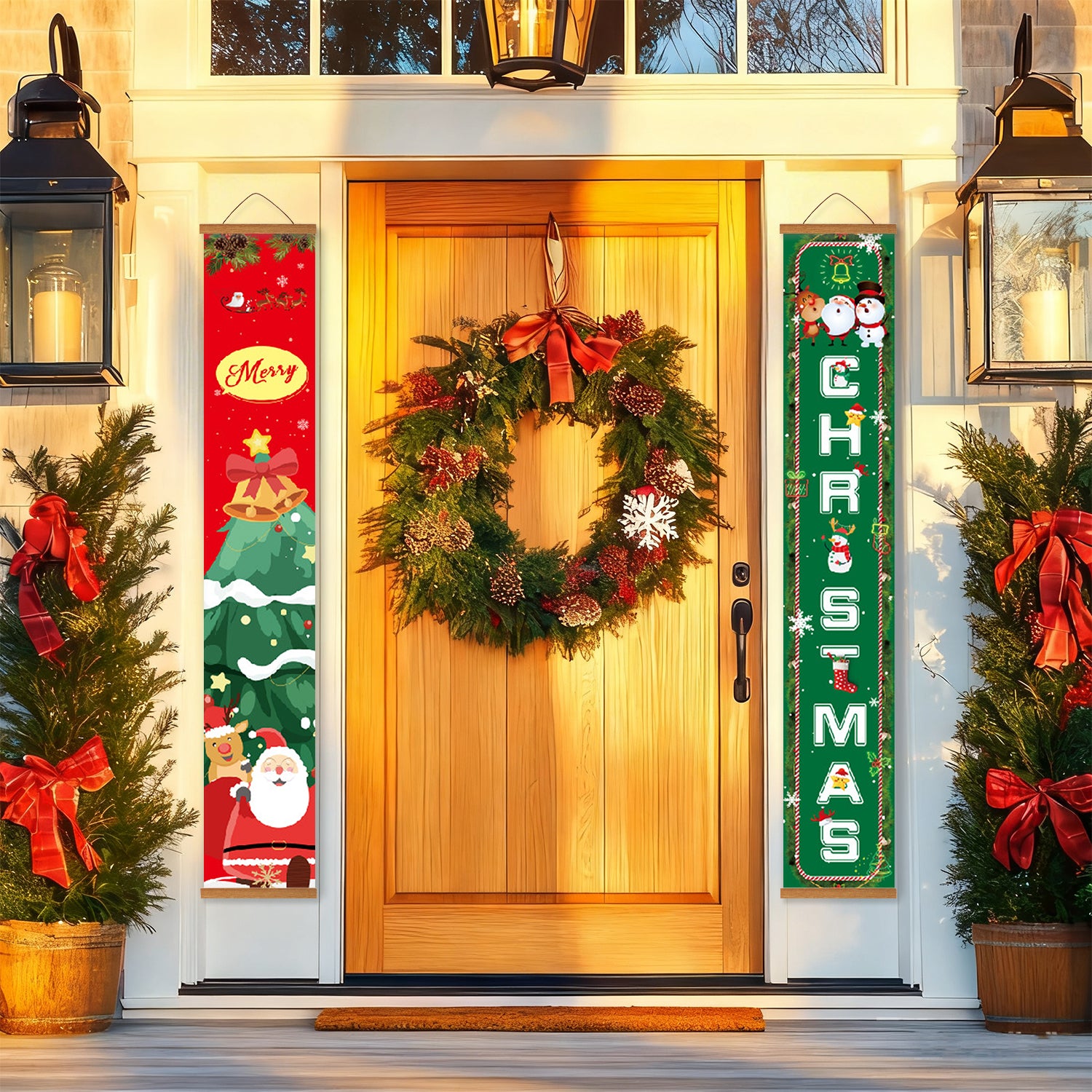 Decorative Christmas wreath and signs on a front door with festive plants.