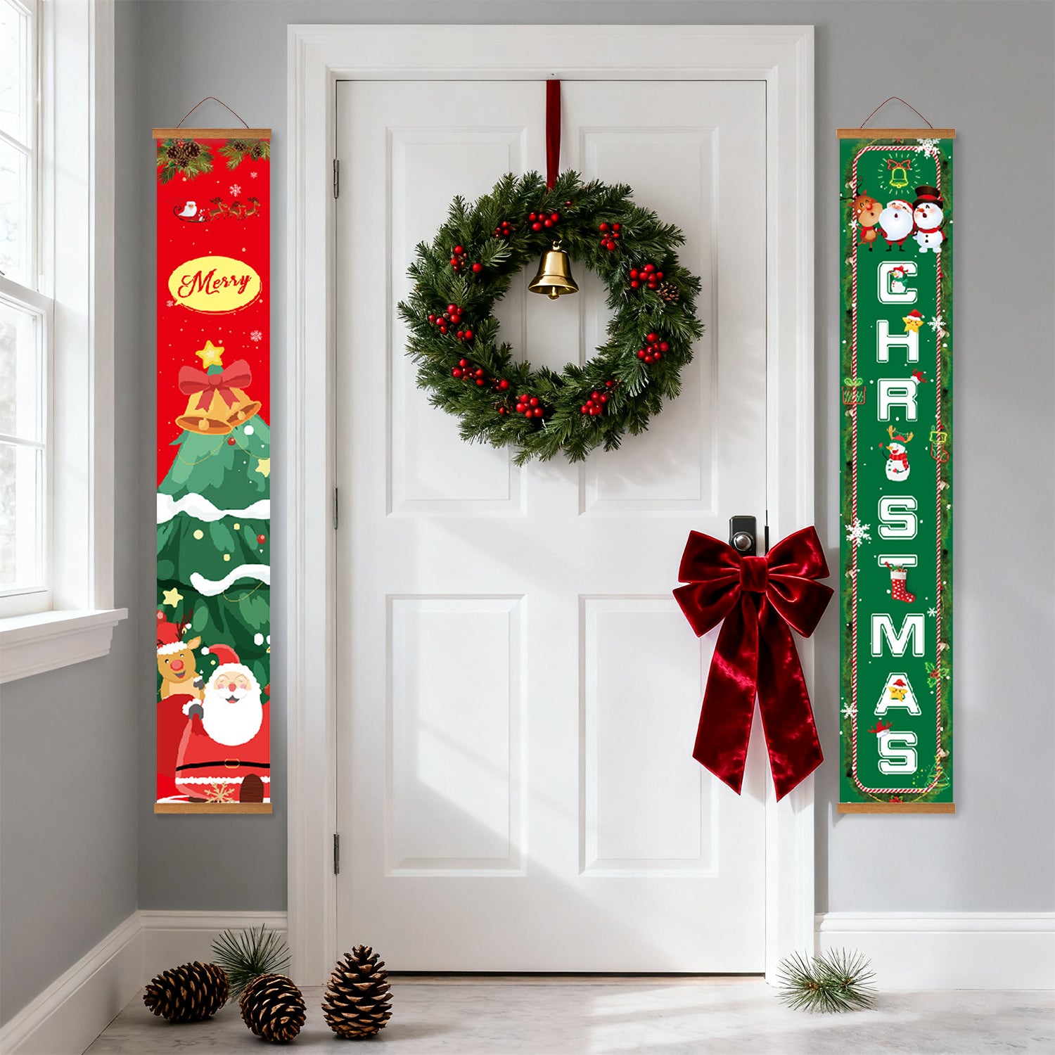 Decorative Christmas wreath with red bow on a white door, flanked by festive vertical banners.