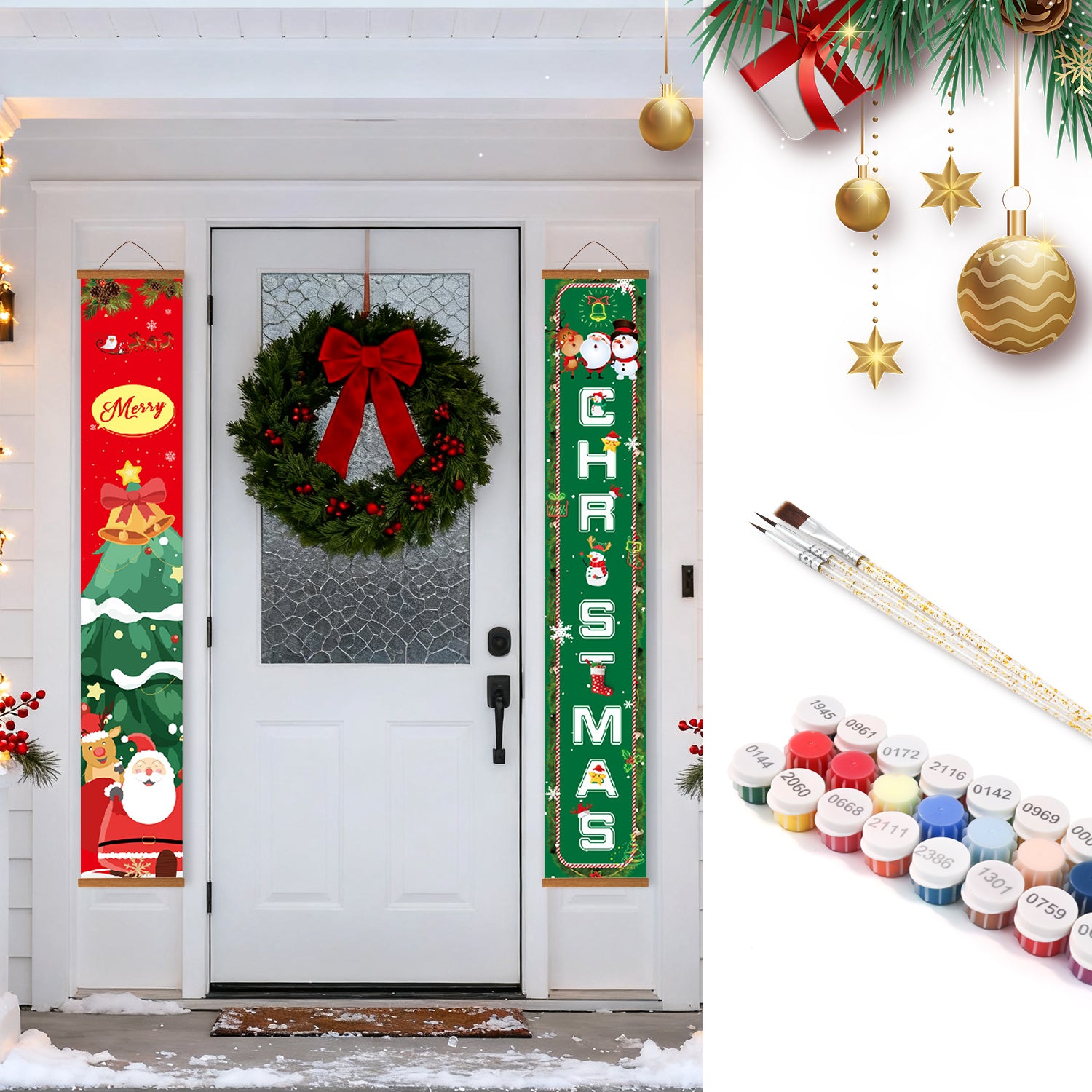 Christmas decorations including a wreath, banners, and paint supplies on a white door.