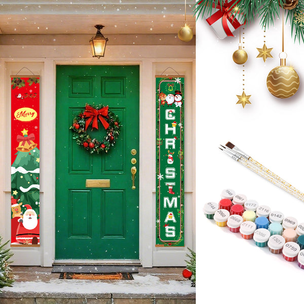 Decorative Christmas items including a green door with a wreath, vertical banners, and paint cans.