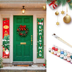 Decorative Christmas items including a green door with a wreath, vertical banners, and paint cans.