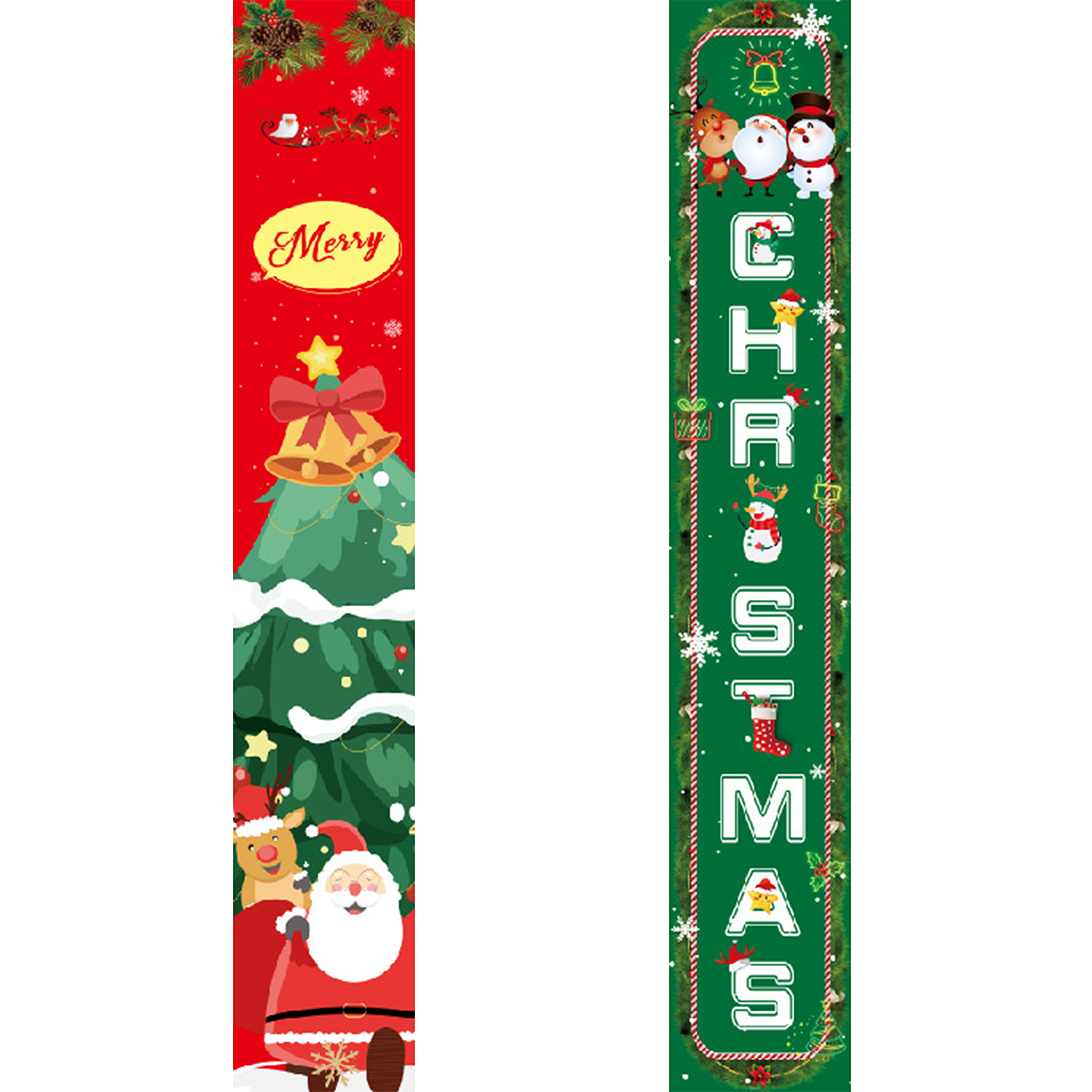 Dekoratives Weihnachtsbanner mit Weihnachtsmann, Rentier und Weihnachtsbaum auf weißem Hintergrund.