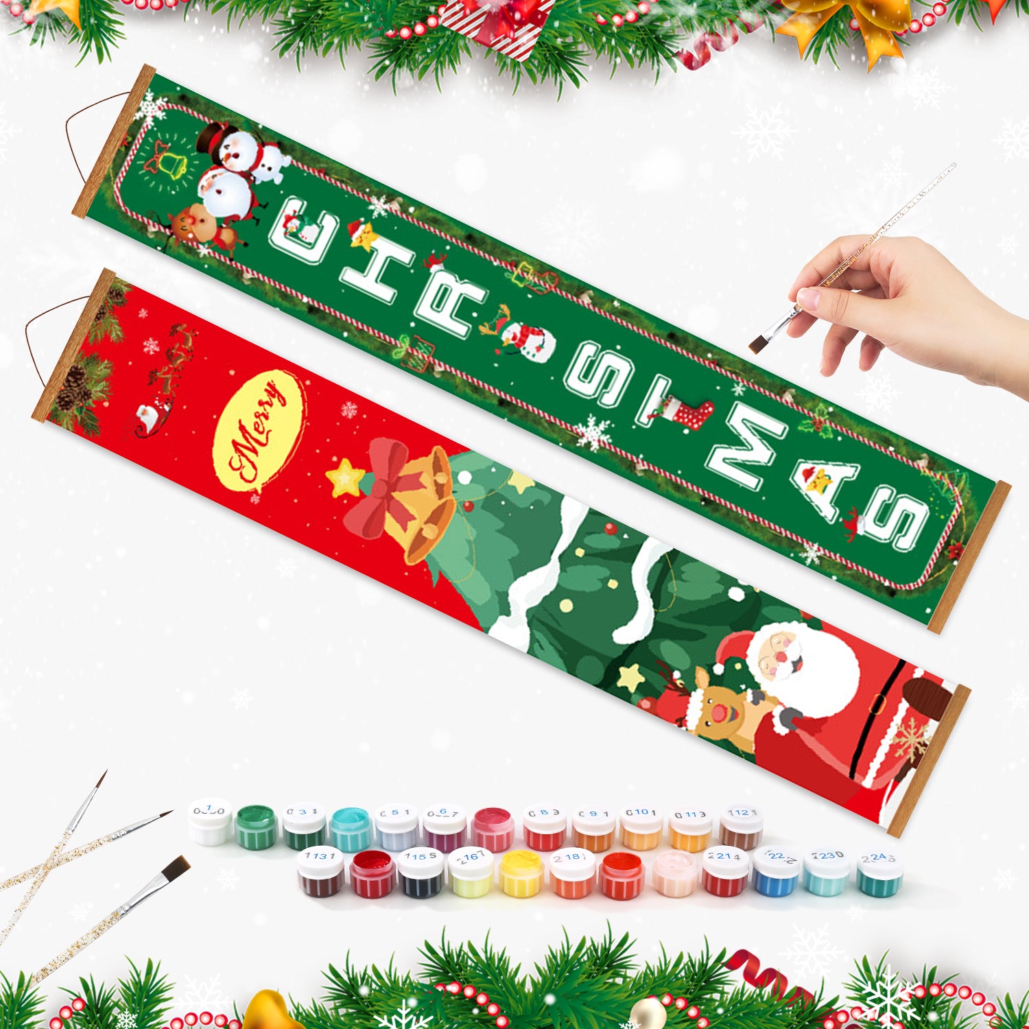 Dekoratives Weihnachtsbanner mit Weihnachtsmann und festlichen Motiven, umgeben von Farbdosen und Pinseln auf weißem Hintergrund.