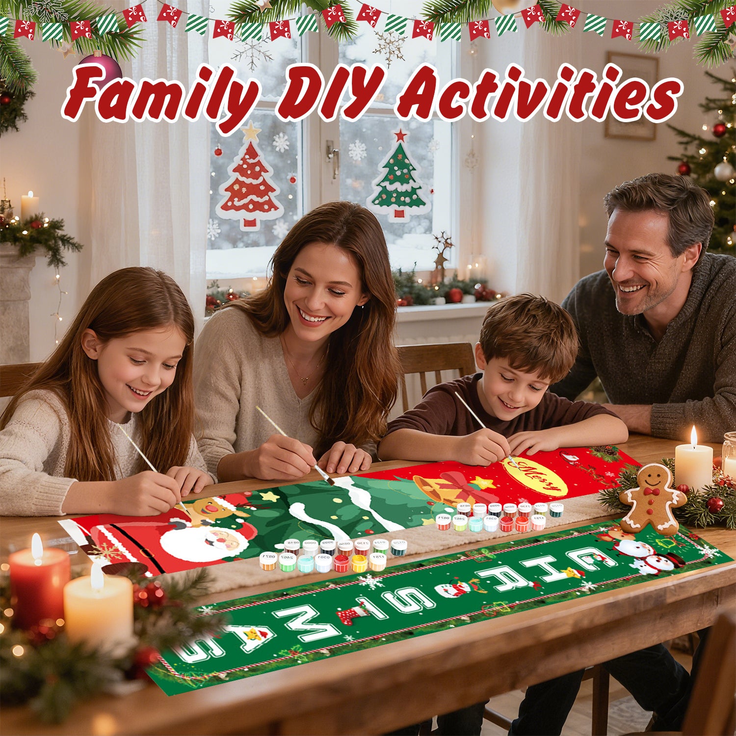 Familie beschäftigt sich mit einer weihnachtlichen Bastelaktivität mit Dekorationen und Kerzen im Hintergrund.