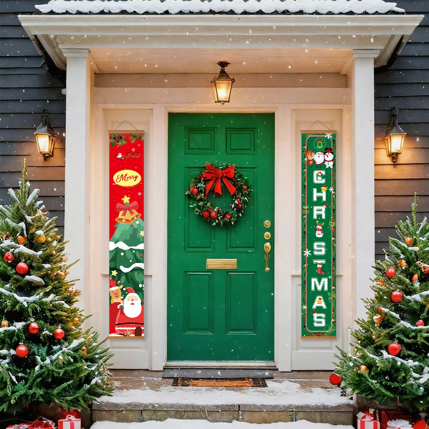 Decorated front door with Christmas wreath and signs, flanked by two Christmas trees on a snowy day.