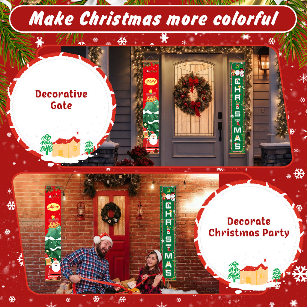 Puerta navideña decorativa y adornos para fiestas con texto superpuesto en un borde rojo festivo.