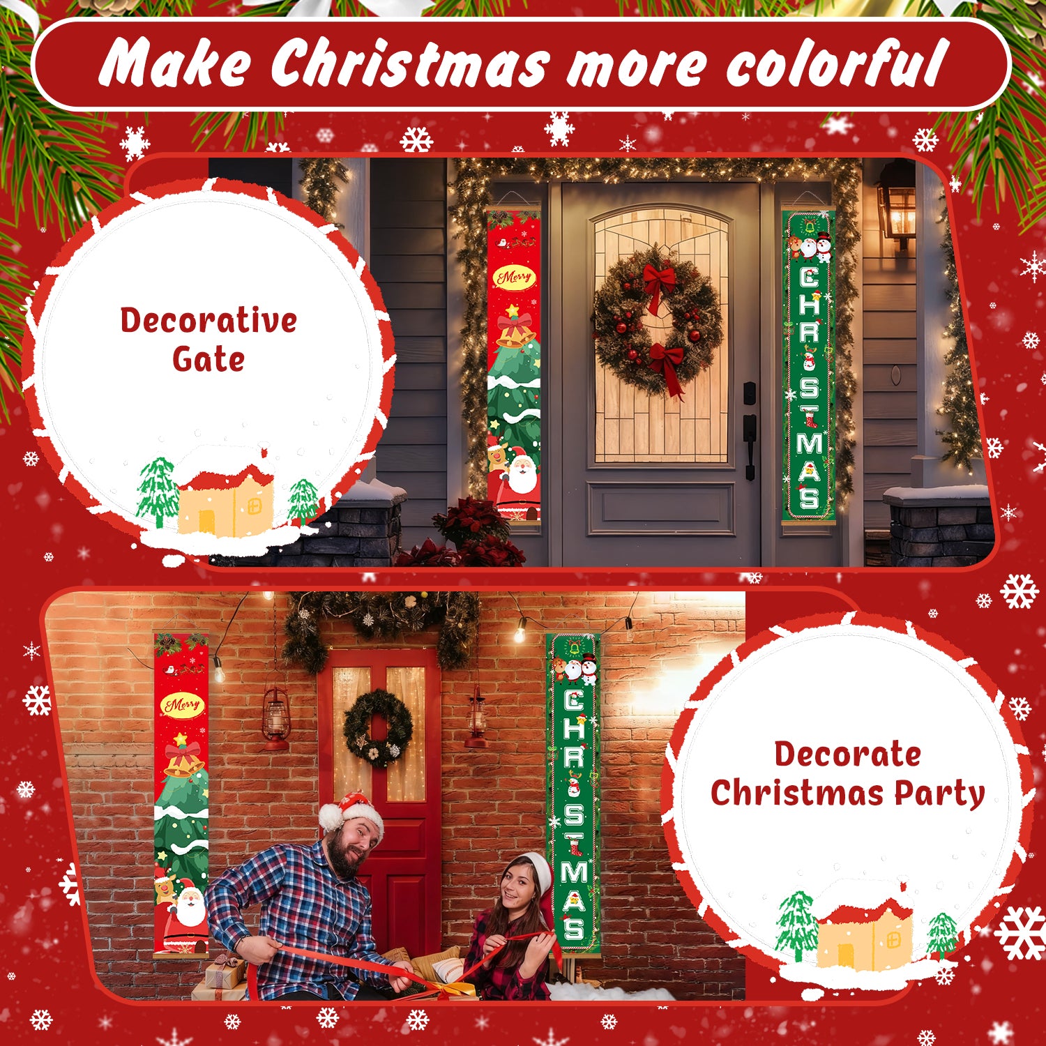 Decorative Christmas gate and party decorations with text overlay on a festive red border.