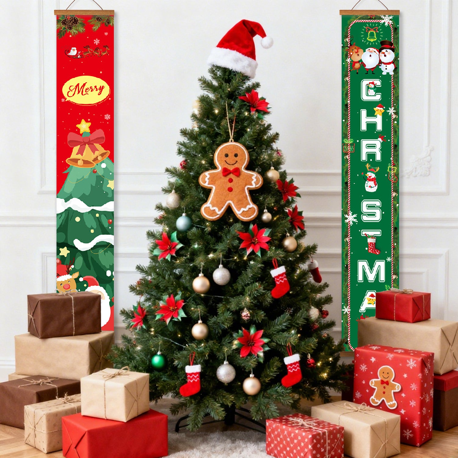 Decorated Christmas tree with ornaments and presents, surrounded by festive wall hangings.