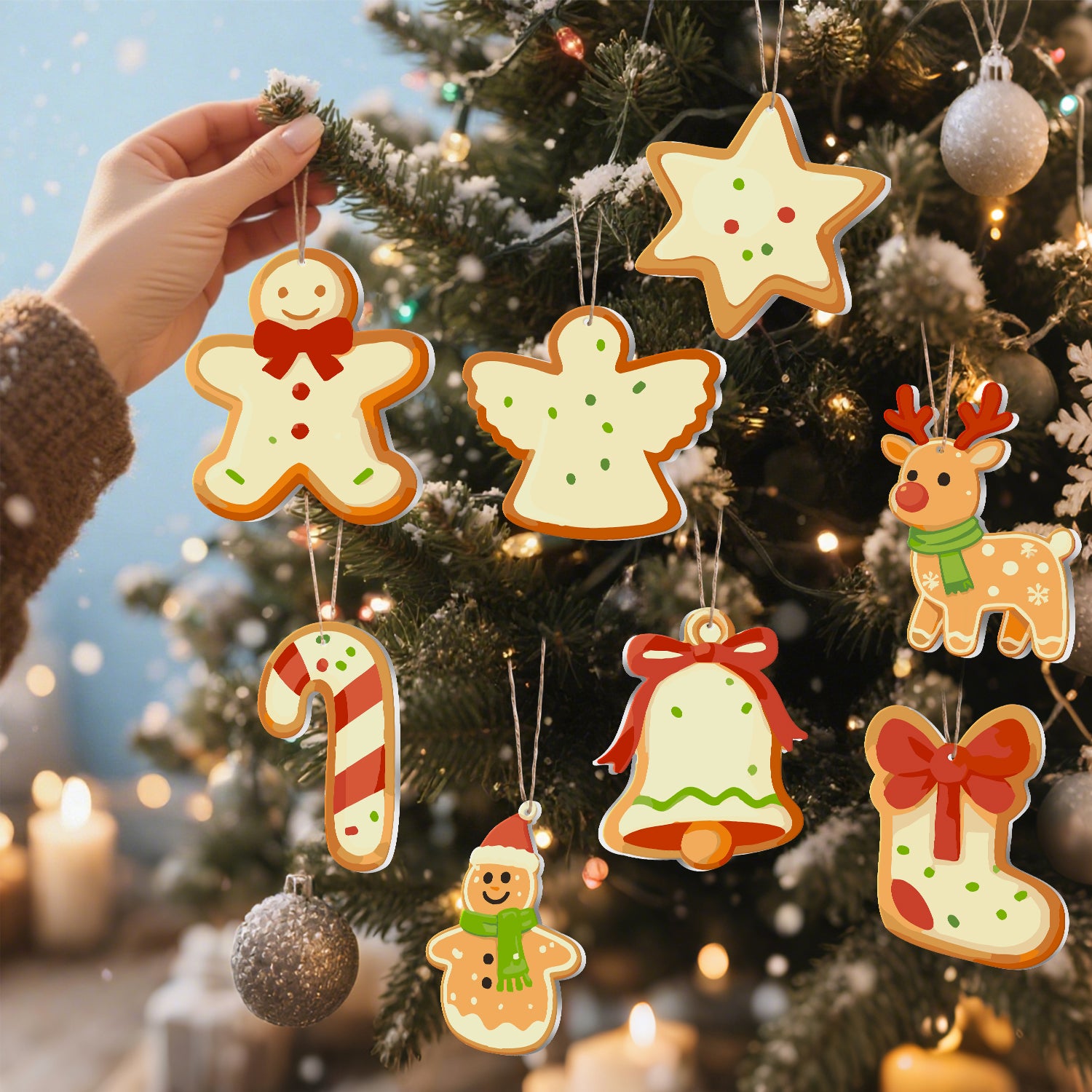 Decorative Christmas ornaments shaped like gingerbread men, candy canes, and bells on a tree.